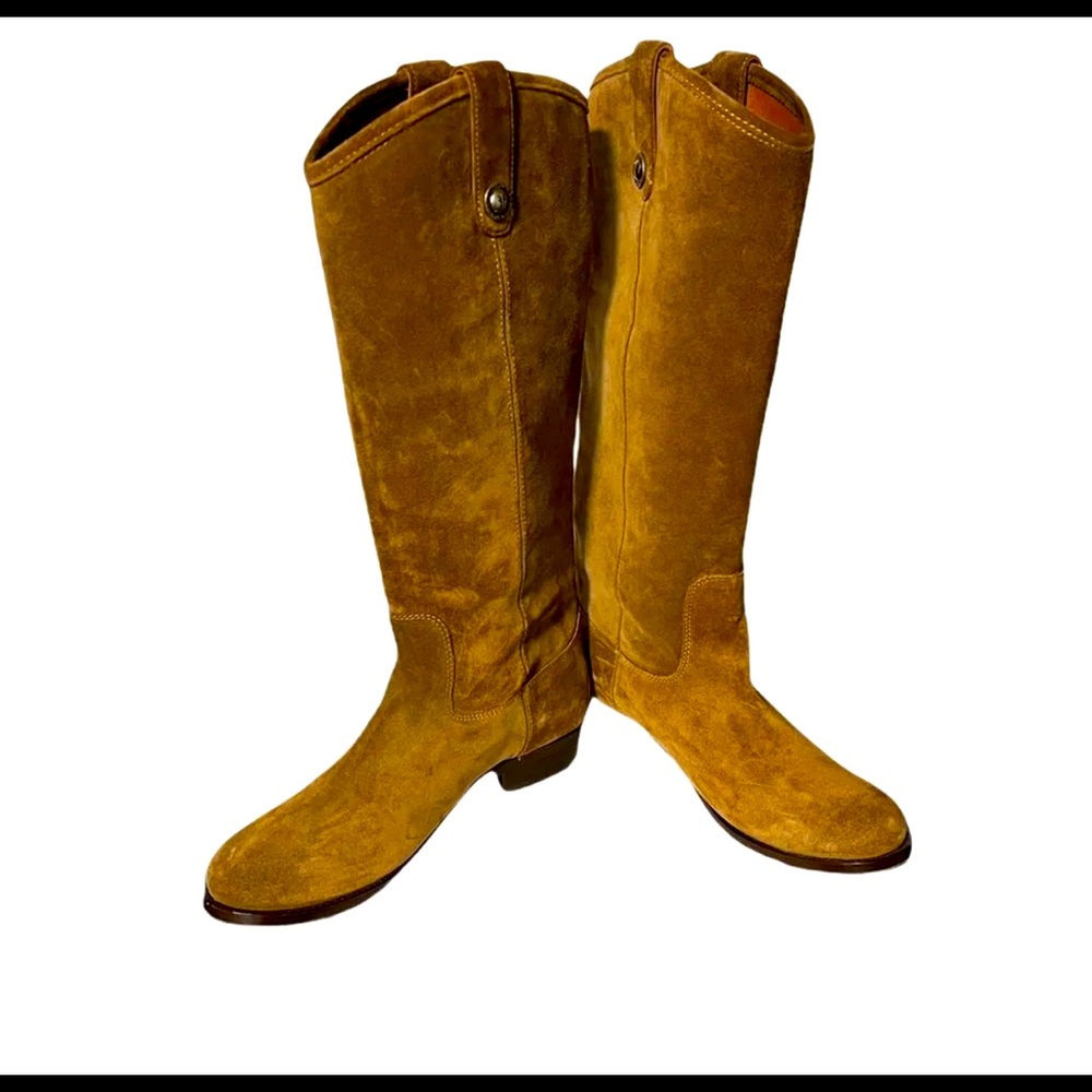 Frye Melissa Button Camel Brown Suede Pull On Knee High Riding Boots Size 9B